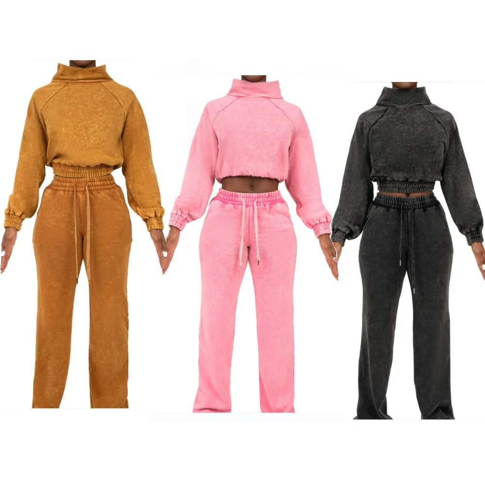 Ky New Design Funnel Neck Street Wholesale Acid Wash Sweat Suit Women