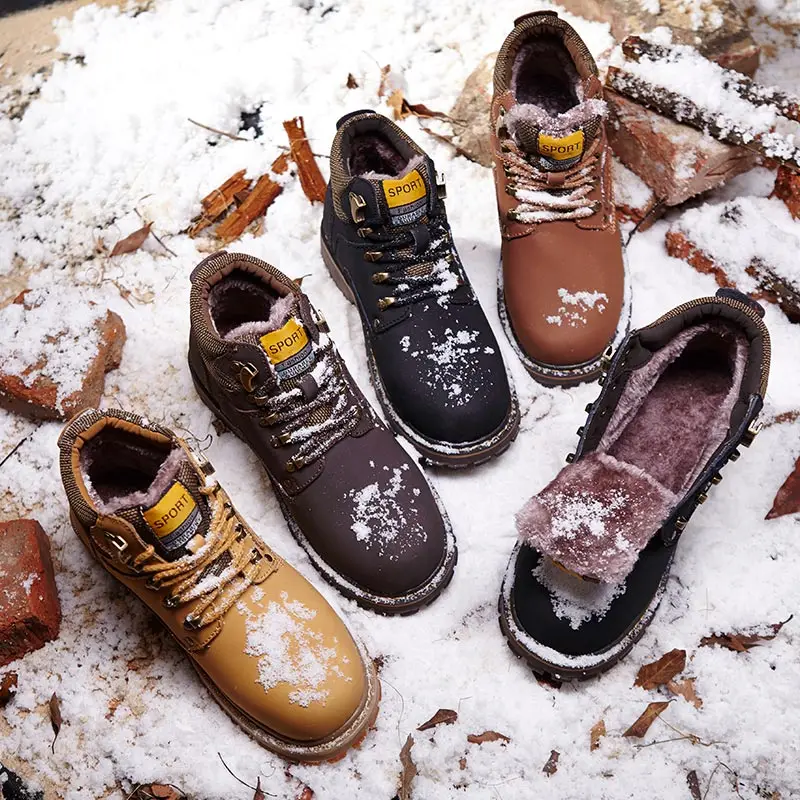Зимняя кожаная обувь с высоким верхом для пеших прогулок плюс бархатная теплая походная хлопковая обувь мужская Нескользящая износостойкая Водонепроницаемая Уличная обувь