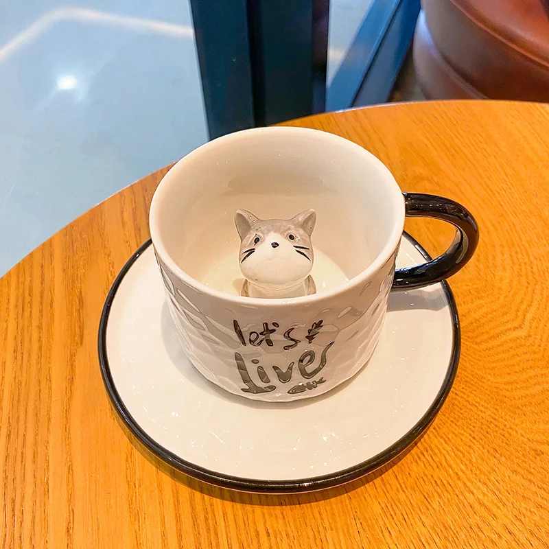 Tazza da caffè in ceramica con piattino Set di cucchiai creativo simpatico cartone animato gatto tazza da tè colazione latte tazza da caffè pane Dessert piatto regalo  15