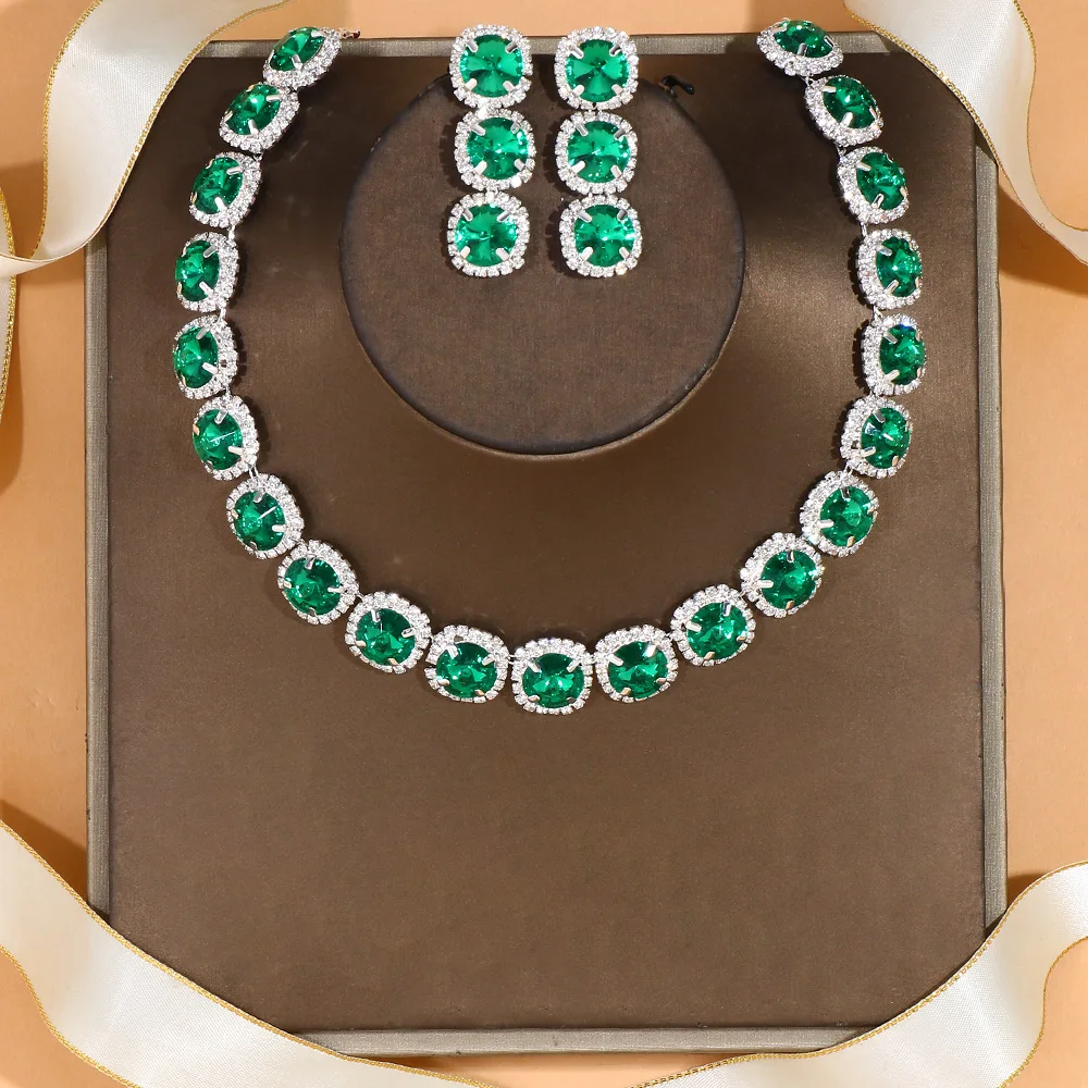 Vintage Luxury Shiny Green Crystal Rhinestone Jewelry Set
