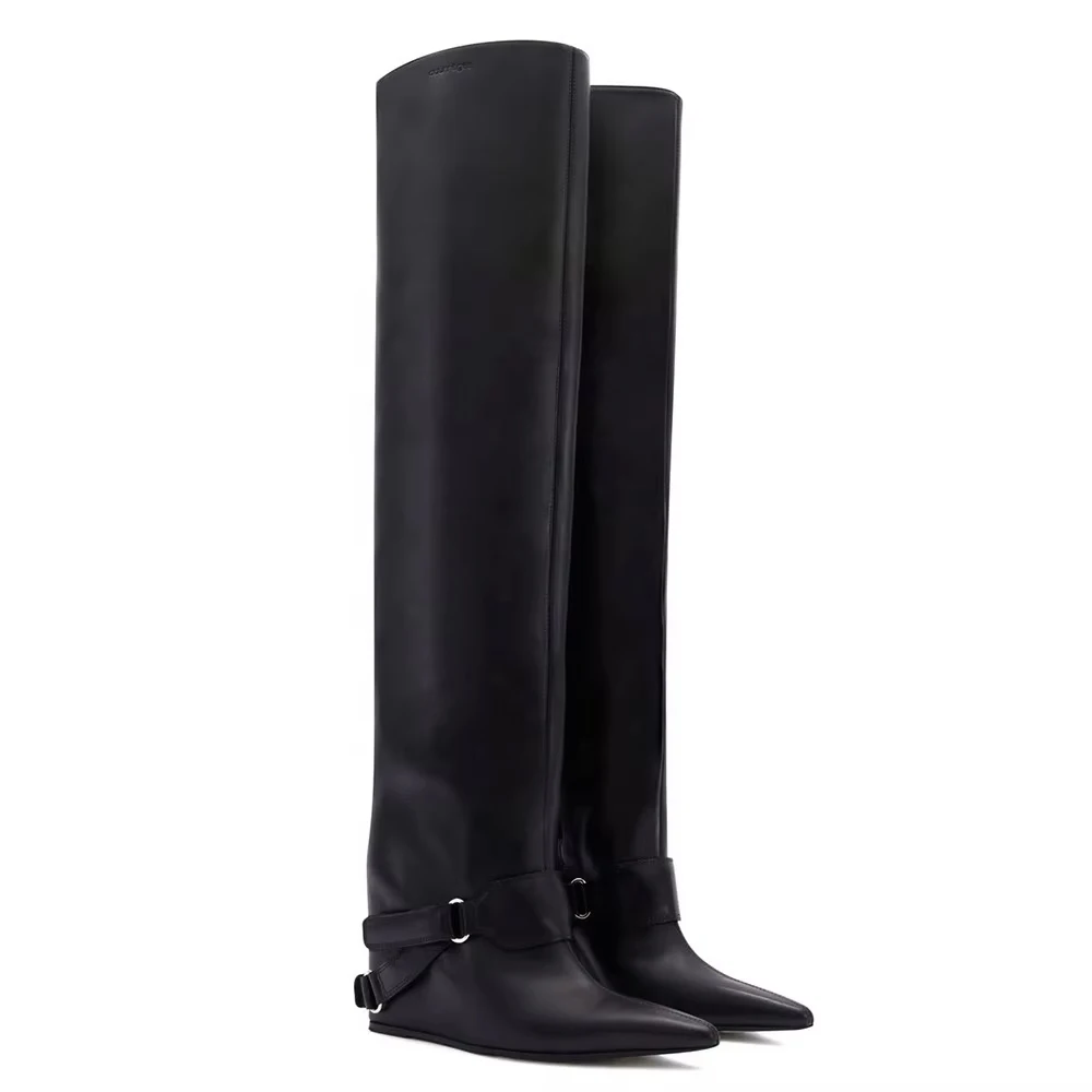 Plus Size Pointed Toe Pull Slip on Hidden Heel Black Over the Knee High Height Increasing Elevator Boots Women Shoes Size 46