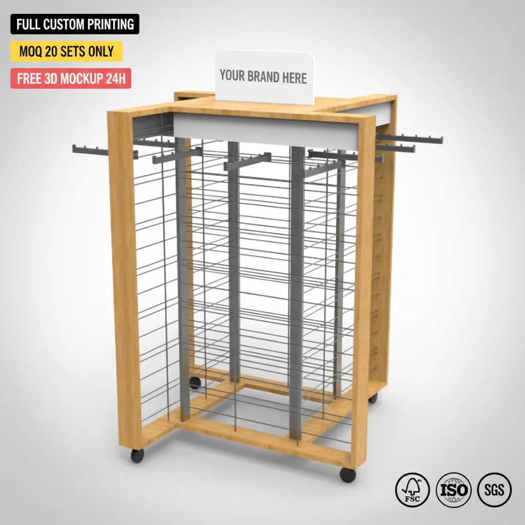 Custom 4-side Wood Wire Dress Rack Clothes Hanger Stand for Wholesale Clothing Rack