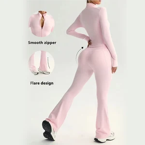 2026 Hot Sale Nylon Spandex Women Long Sleeve Zipper Jacket Push up Leggings Quick Dry Yoga Set for Gym Fitness Workout Wear