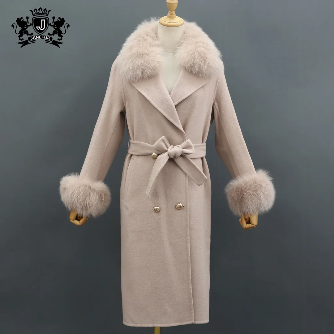 Trench Cashmere Coat Women Fox Fur Collar Wool Coat Handmade Cashmere ...