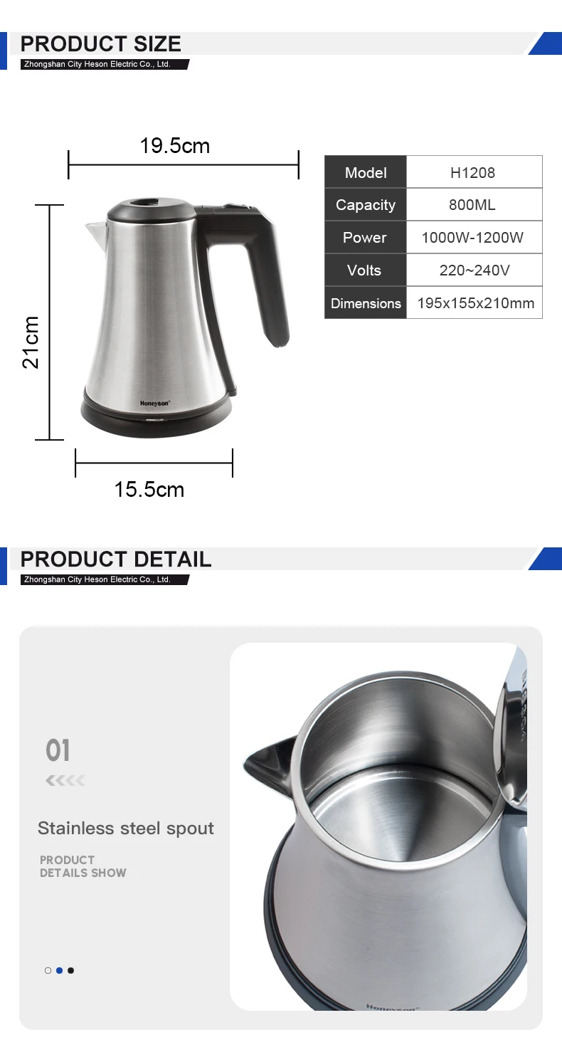 Honeyson hot 0.8L cordless stainless steel mini electric kettle