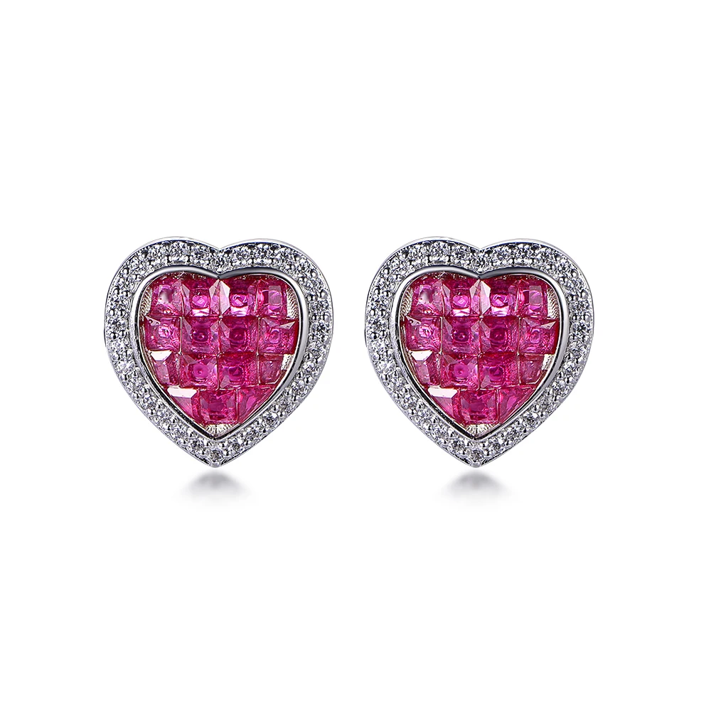 High Quality Invisible Inlaid diamond Ruby Heart Shaped Earrings Unique Simple Silver Stud Earrings