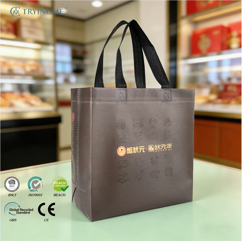 Wholesale Custom Eco Friendly Medium Laminated Non Woven Reusable Tote Shopping Bags Shoulder Length Handle Takeout Bag