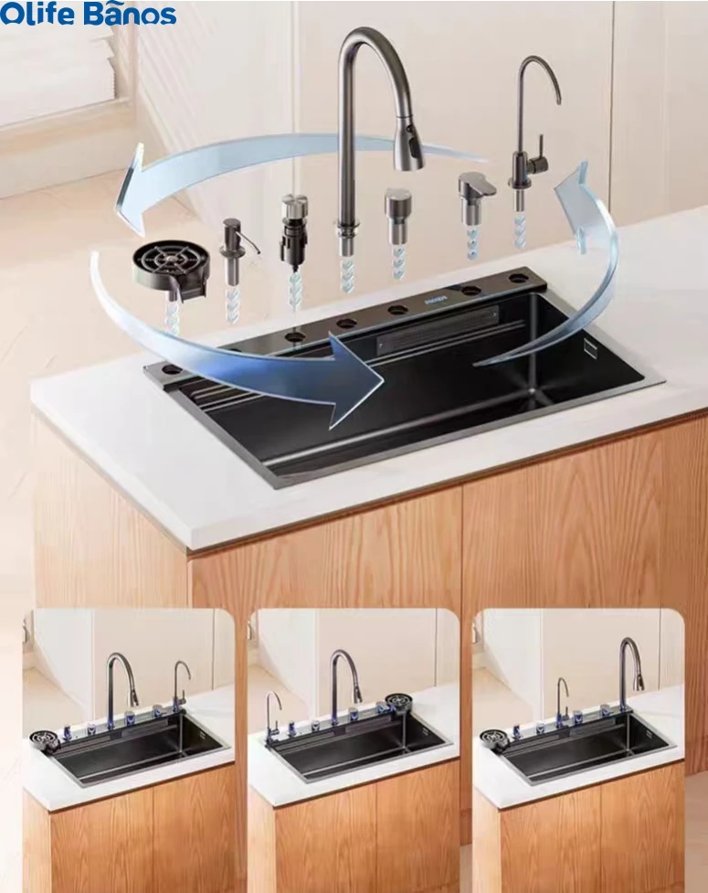 2024 Tiktok Trends DIY Accessories 304 Digital Display Pull Out Tap Waterfall  Rainfall Faucet Multifunctional 75cm Kitchen Sink supplier