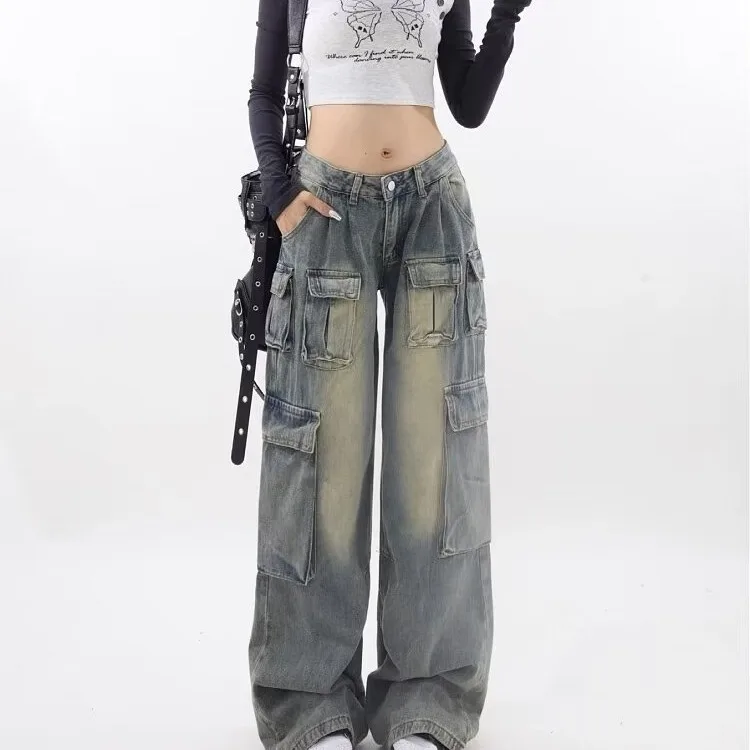 ODM Supply High-Waist Multi-Pocket Cargo Pants Vintage Bleached Jean Denim Trousers Light Washed Woven Summer Pants for Women