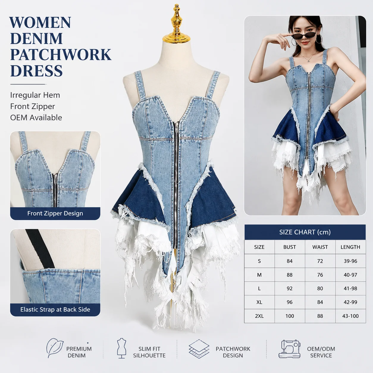 Sleeveless Shoulder Ladies Slim Dress for Spring Summer Denim Solid Pattern Tassel Decoration Natural Waistline Digital Printing