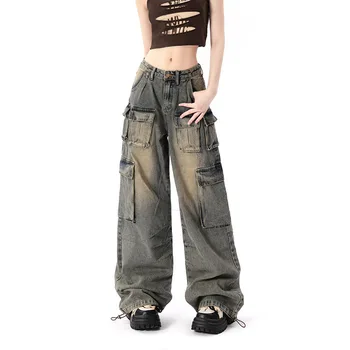 hot selling baggy cargo pants for woman with dirty used loose fit denim pants woman jeans factory customized design