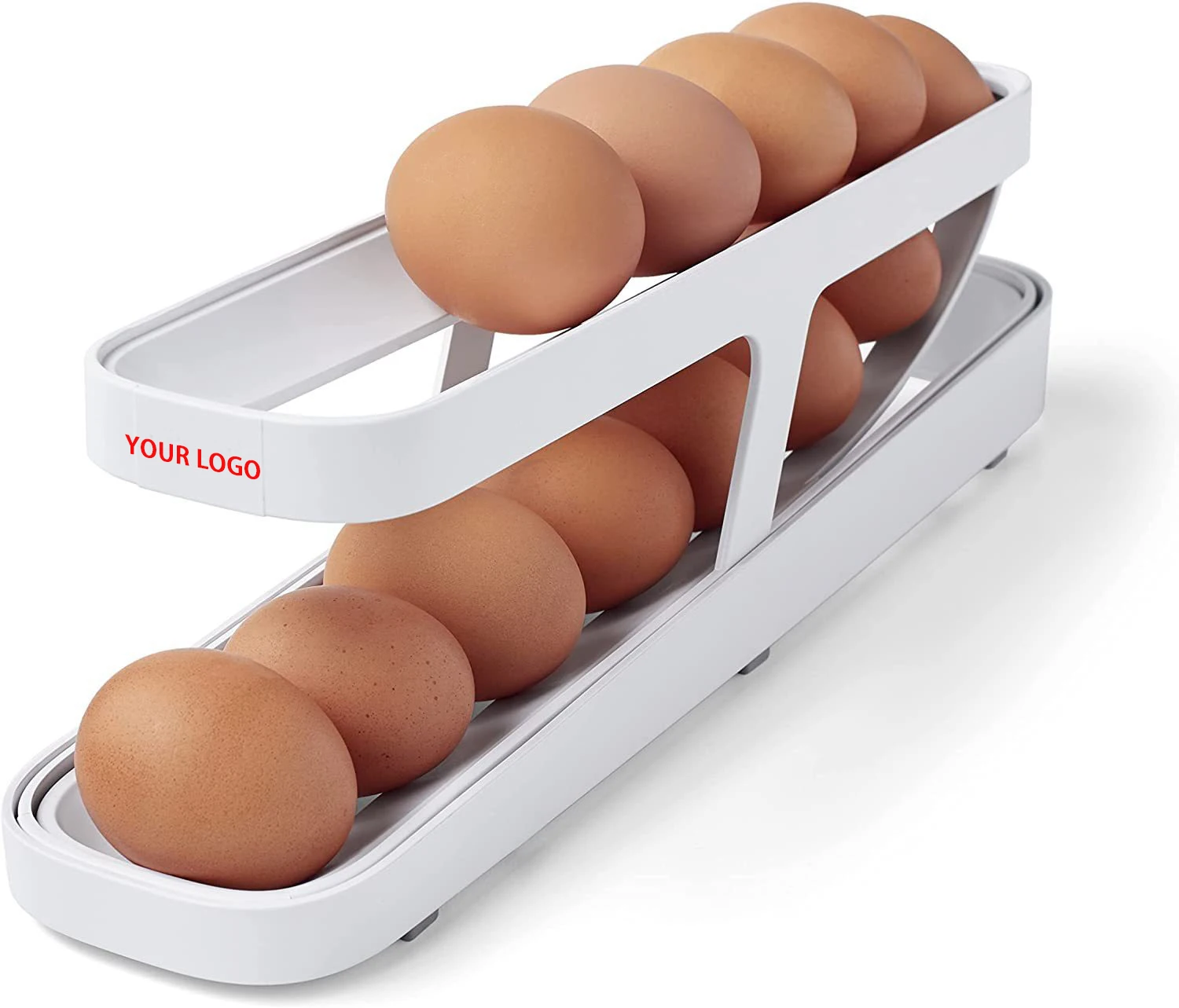 Plastic White Fridge Large Capacity Auto Rolling Egg Dispenser Organizers Rolldown Fridge Egg Holder for Refrigerator