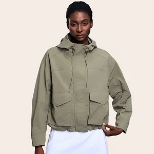 Outdoor Drawstring Hooded Crop Windbreaker Lightweight Waterproof Nylon Hiking Hooded Coat Yoga Jacket