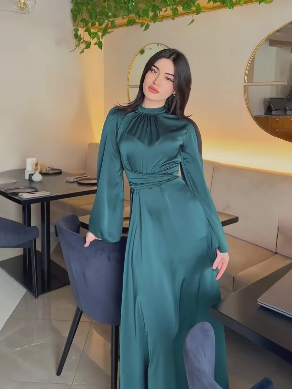 slim fit dress slacks Embellished Satin Dress With Ruffled Sleeves Everglade / FR 38 main image 0
