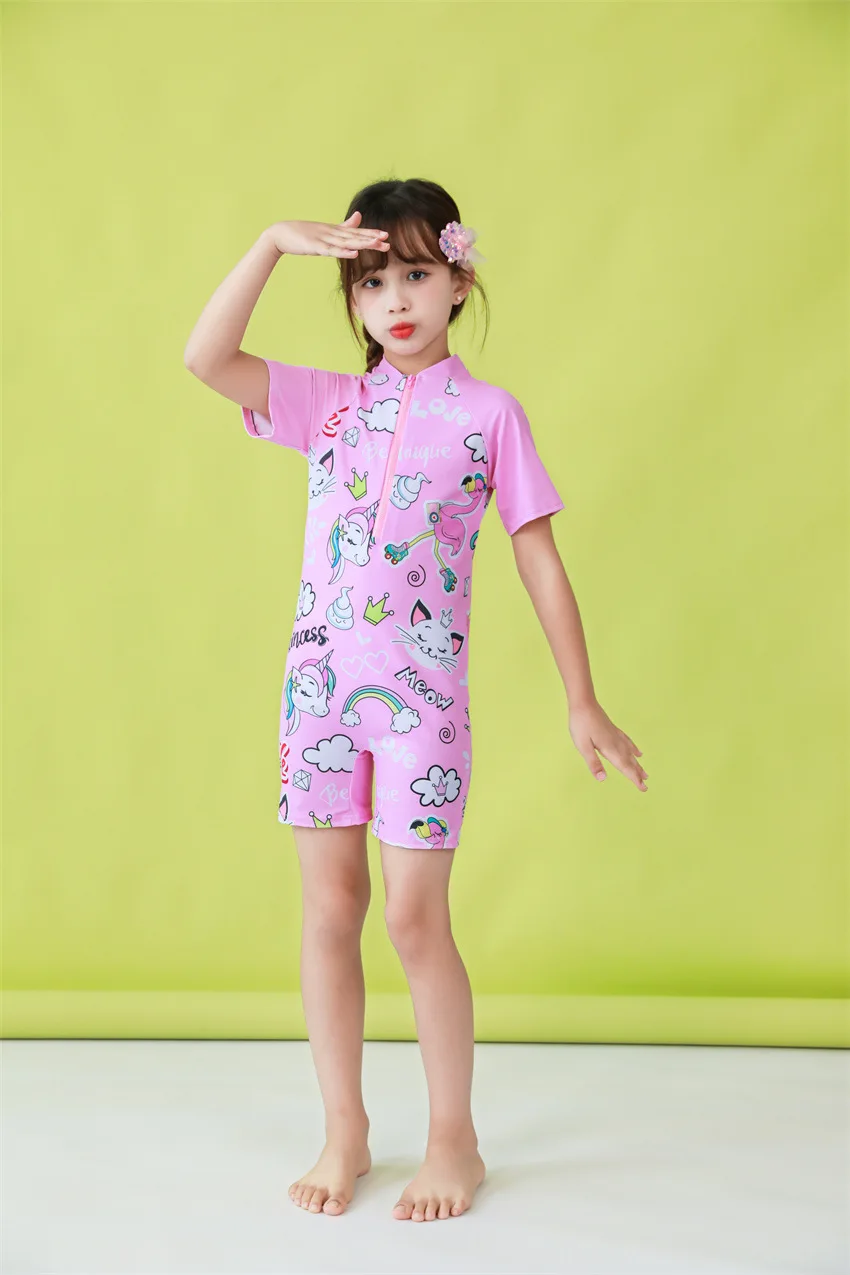 Kids Swimsuit 2024 Girls Swimsuit Cover Up Unicorn Design Short Sleeve ...