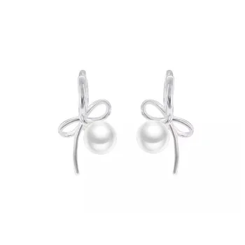 Qimei Bow With Pearl Black Agate Fine Dangle Style Dainty Sterling Silver Vintage Earring for Women
