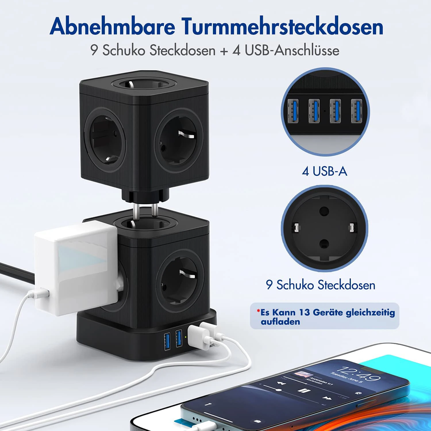 Multiple Power Strip EU Plug 5 Way Outlets Sockets With USB