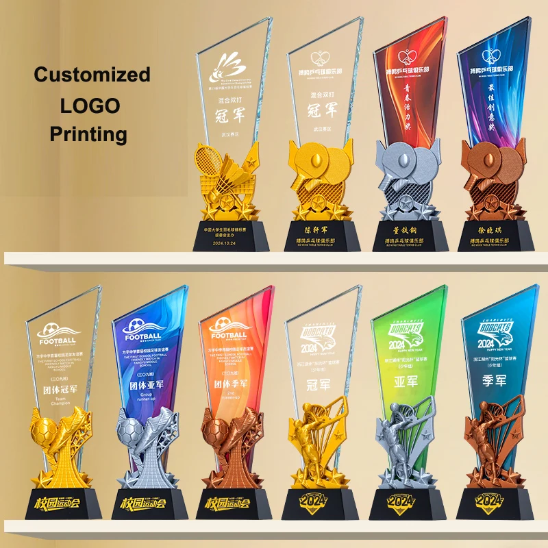 Hot Sale Custom Logo Sports Badminton Soccer Basketball Crystal Glass Resin Trophy Award Figurine Painted Technique manufacture