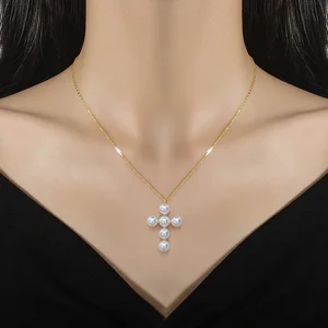 Light Luxury Stainless Steel Choker Chain Necklace Gold Plated Cross Pearl Pendant for Women's Wedding Engagement Perfect Gift