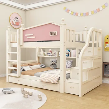 Modern Child Toddler Mattress Double Princess Castle pink Kids Wooden Bunk Bed with Storage