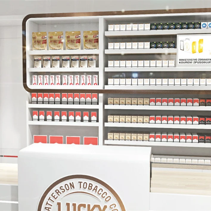 White Simple Style Tobacco Shop Wooden Shelves Wooden White Stoving Varnish  Cigarette Display Counters for Smoke Shop Decoration