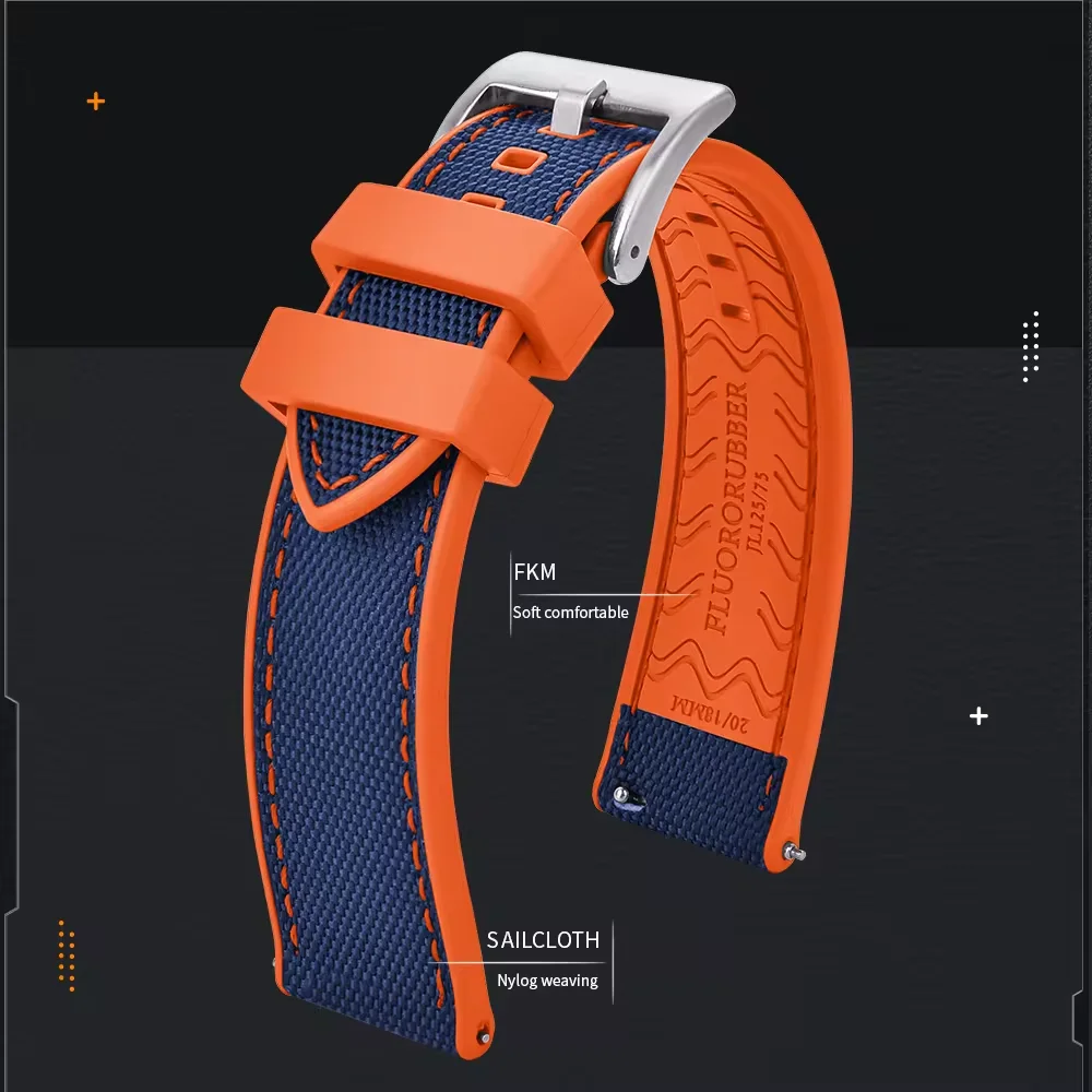 JUELONG Quick Release Hybrid FKM Rubber Strap and Sailcloth Watch Straps Waterproof Fabric FKM Rubber Watch Bands 20 22mm