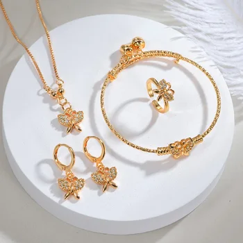 Woman 18K Butterfly Earrings Pendant Necklace indian jewelry set  Sweet Style Charm Chain Butterfly Set for Women