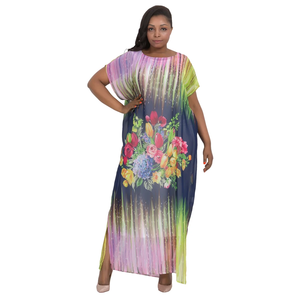 Short Sleeve Floral Print Africa Abaya Robe Women Plus Size Maxi Dress Loose Boubou Women Kaftan