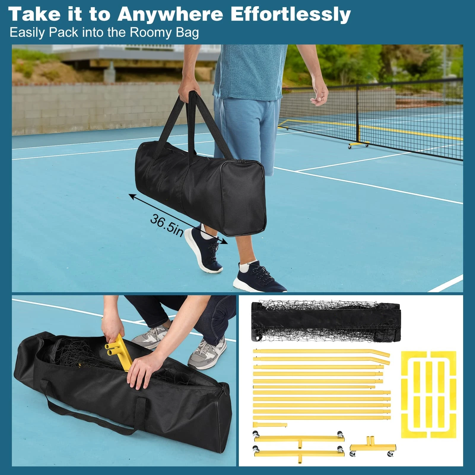 22ft Outdoor Portable Pickleball Net for Driveway Durable PE Knitted Net with Court Lines and 6 Wheels for Pickleballs supplier