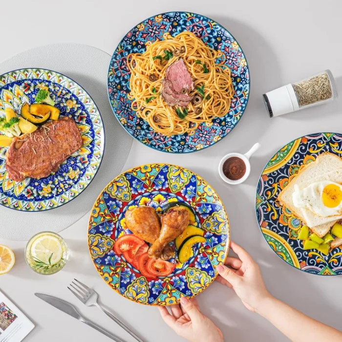 Набор из 6 керамических обеденных тарелок в богемном стиле 10 5 дюймов для микроволновой печи и посудомоечной машины красочные керамические эмалированные блюда