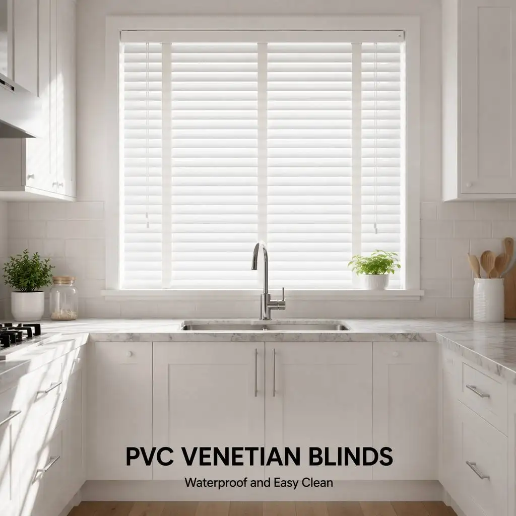 Modern Horizontal PVC Venetian Blinds 50mm Painted White Ladder String Cord System for Home Office Hotel Custom Size Every Day