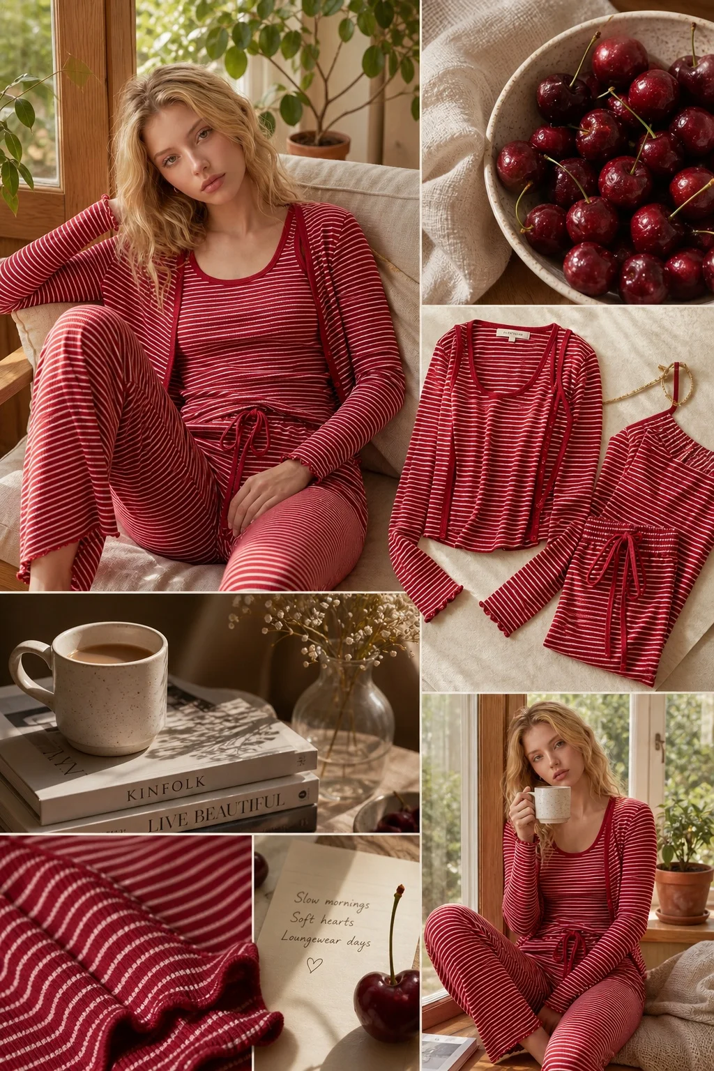 Red and White Striped Pajama Three-piece Set with Lace Cardigan and Suspender Pants, Women's Loungewear — detail