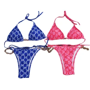 Factory Direct Women's Shiny 2-Piece Halter Bikini Swimwear Designer Swimsuits Print Wholesale Price Beachwear Bikini Brands