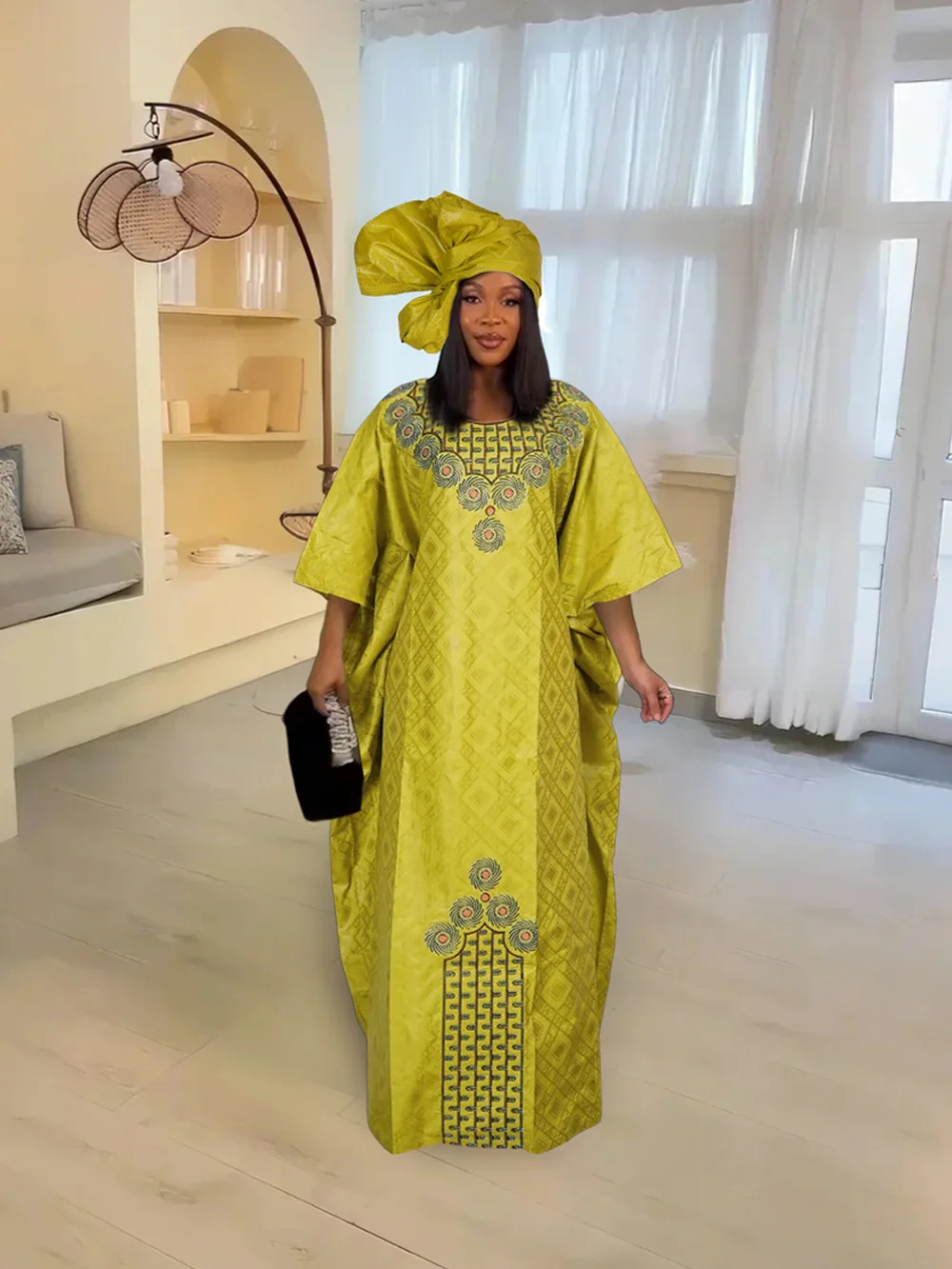African Best Selling New Fashion Embroidery Flower Premium Diamond Green  Dress Set With Matching Scarf for Women K0662