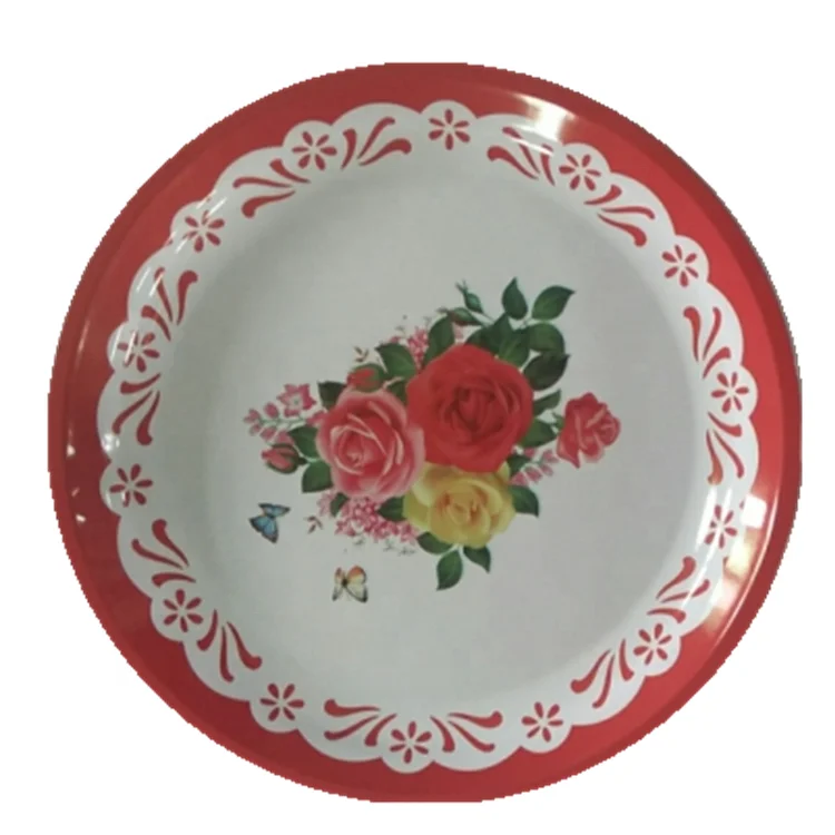 High Quality Tableware Iron Metal Printed Flower Round Tray Dinner Plate