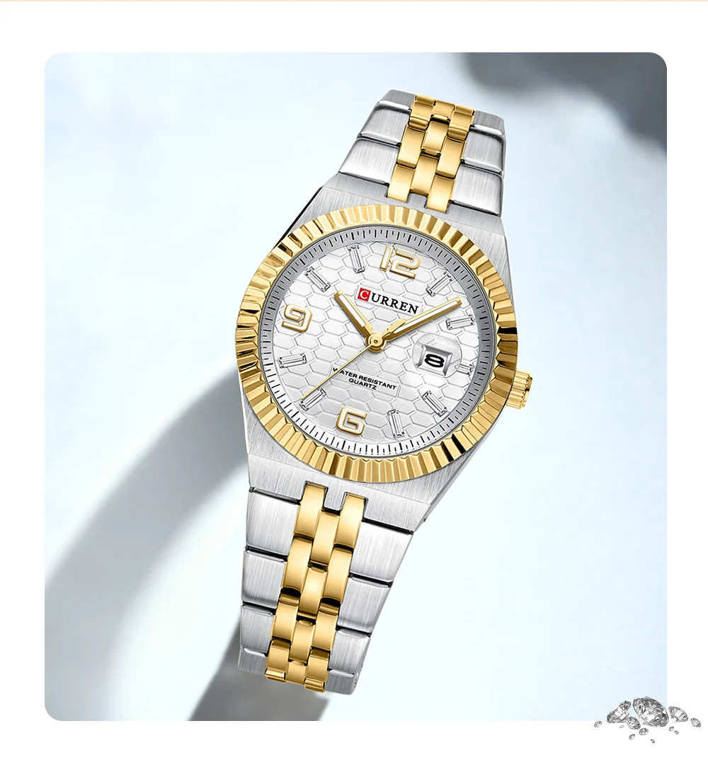 CURREN 8498 Women's Quartz Watches Stainless Steel Band Blue Dial Calendar Date Watch Ladies Water Resistant Luminous Wristwatch