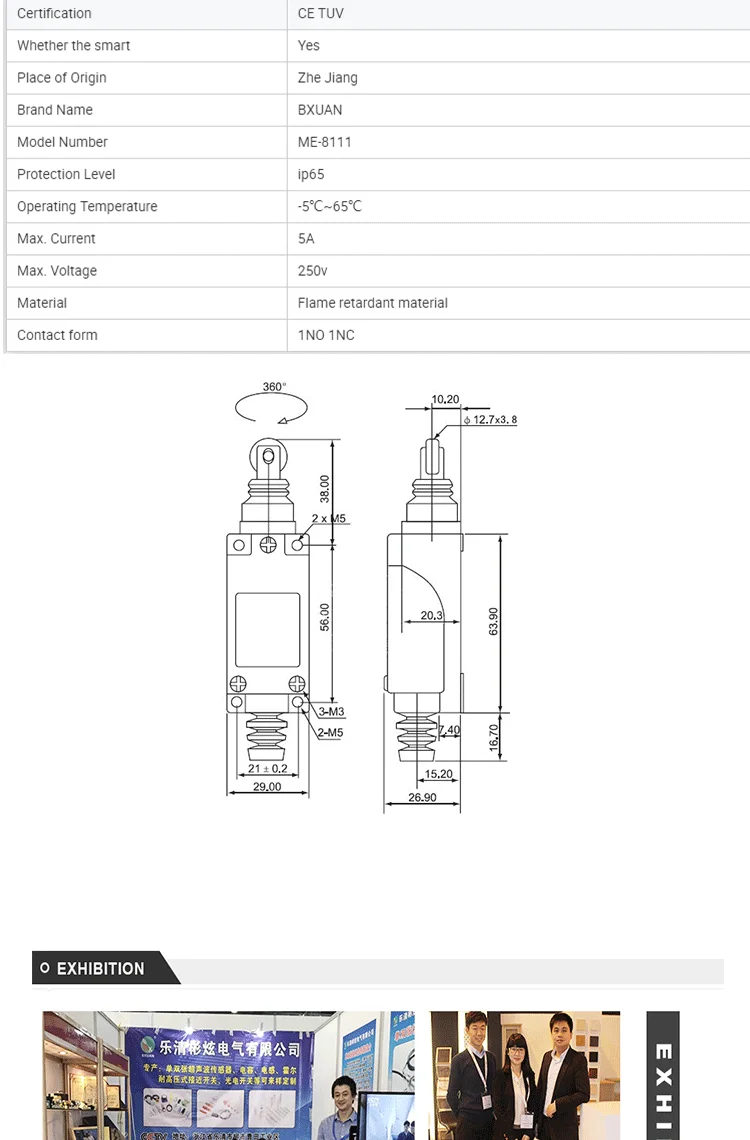 Durable Safe Mechanical Contact Limit Switch 5A Maximum Current IP65 Protection Level Stable Performance Convenient Operation factory