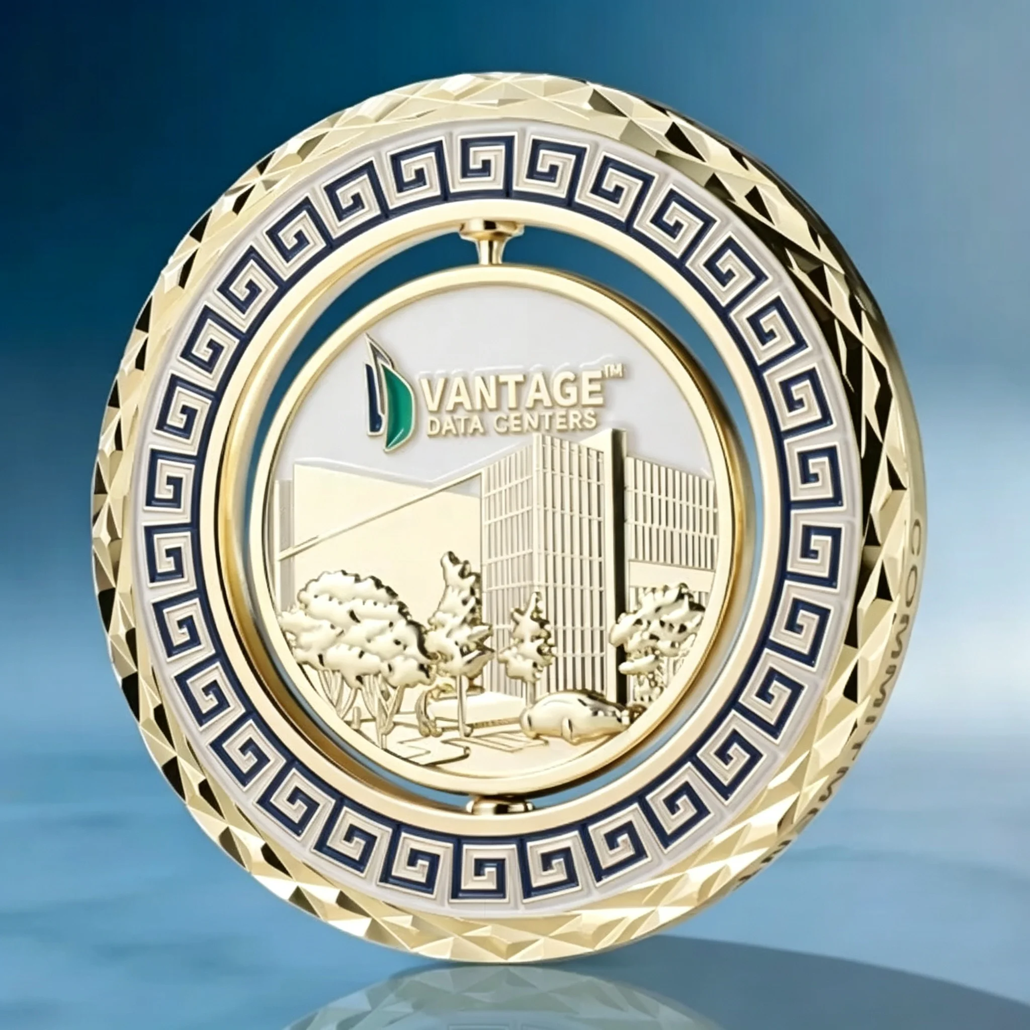 Vantage Data Centers gold spinner coin with Greek key pattern