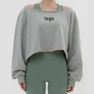 New Customized Women's Sports Off-shoulder Sweatshirt Oversized Casual Vintage Style Tops Cropped Fitness Long Sleeve Shirt