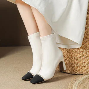 OEM/ODMSmall Xiangfeng Chain Leather Boots French Thin Boots Thin Heel High Top Square Toe ZIP Closure Super High Heel Winter
