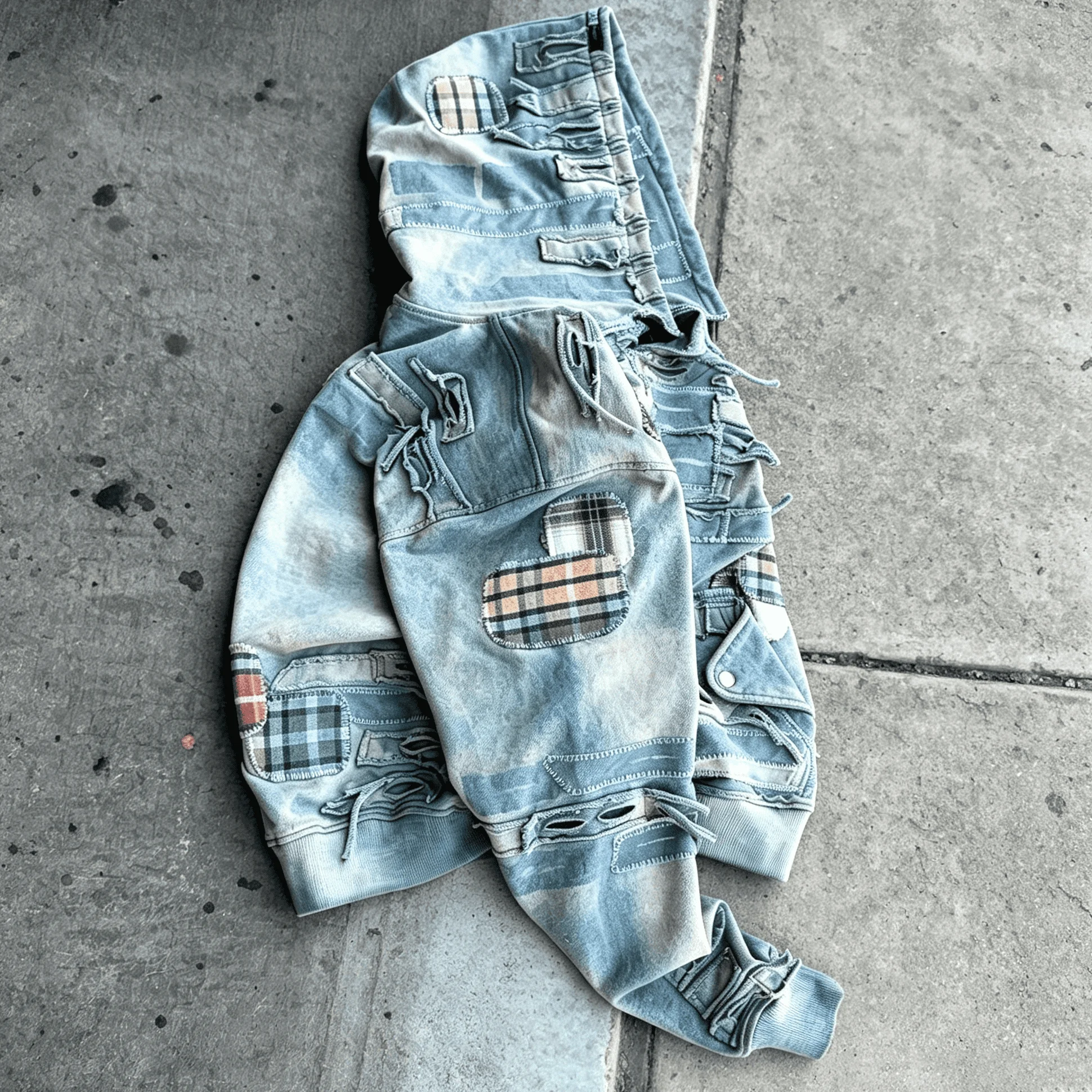 Custom Deconstructed Ripped Patchwork Plaid Distressed Washed Heavyweight Pullover Hoodie Men gallery 3
