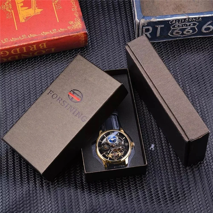 Forsining GMT1195 Dual Time Zone Mechanical Watch Black Gold Leather Band Moon Phase Tourbillon Waterproof Automatic Watch