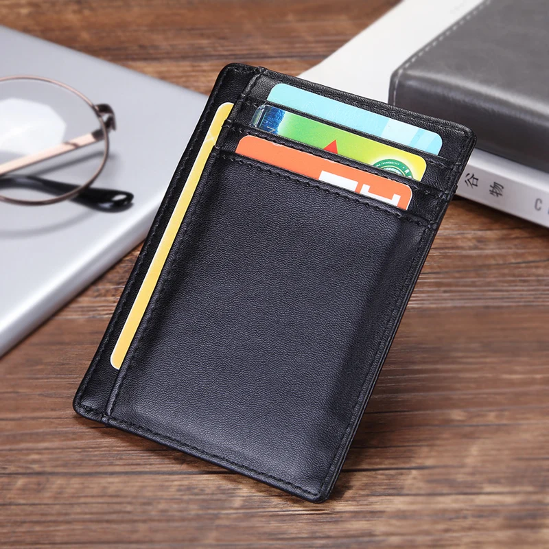 Slim Minimalist Genuine Leather RFID Blocking Anti Scan NFC Front Pocket Credit Card Holder Wallet for Men