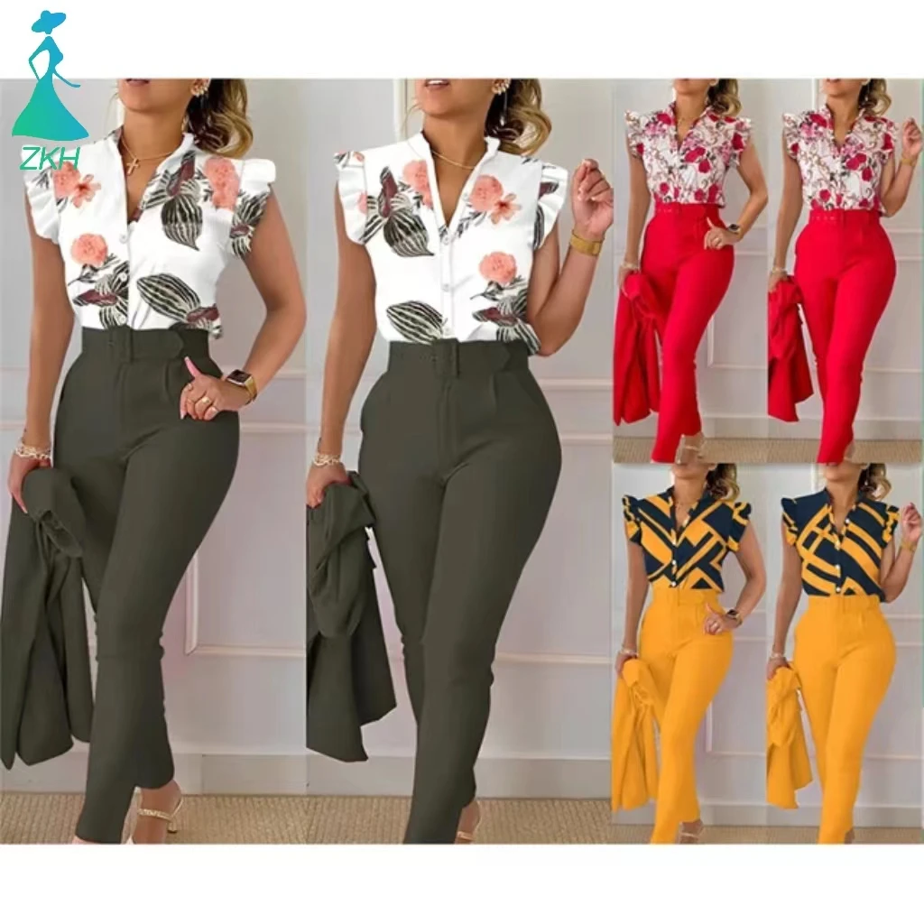 Women's Clothing Women Casual Temperament Ruffled Sleeve Print Shirt Pants Two Piece Ladies Sets