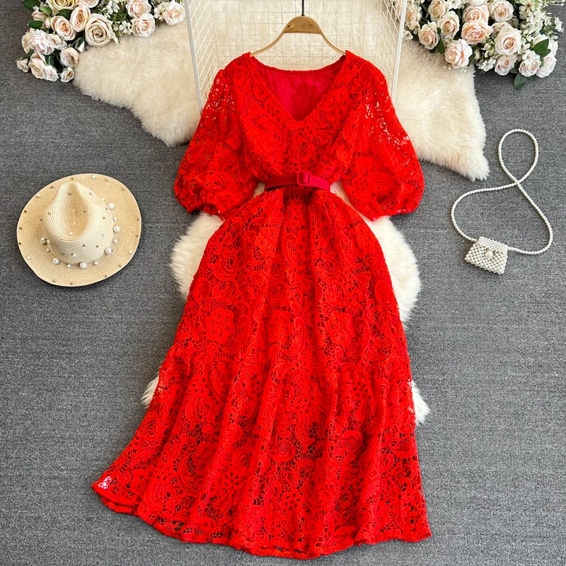 LY28 New 2023 Korean Chic Elegant Design Slim Waist Lace Dress Women ...