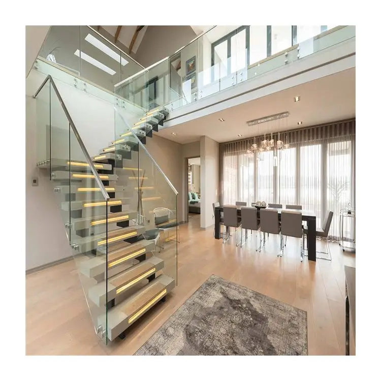 ACE Stairs Customized Double Beam Stairs With Glass Railing Marble Step Glass Staircase Design