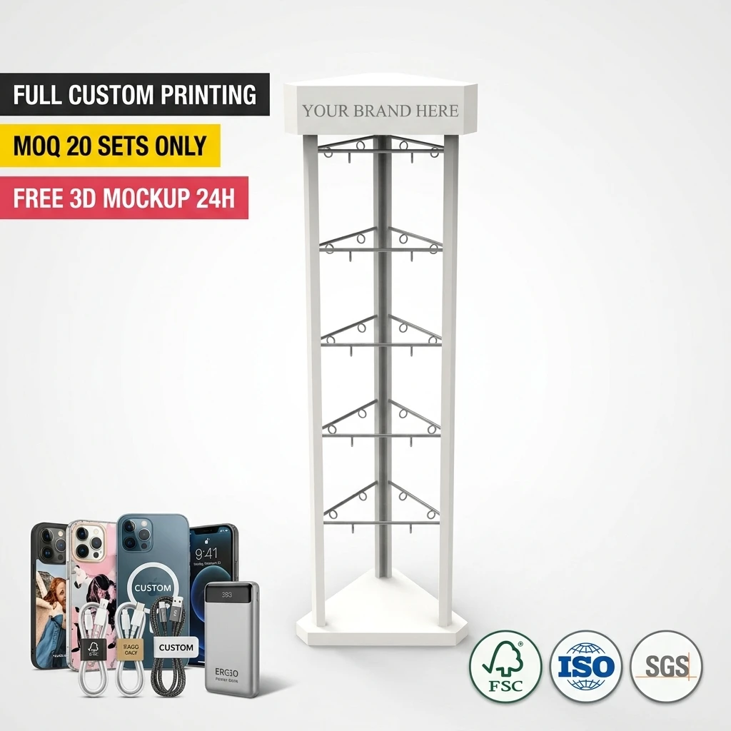 Custom Metal Cell Phone Accessories Display Stand 3-Sided Retail Store Fixture Mobile Phone Case Charging Cable Power Bank Rack Electronics Floor Standing FSDU Showroom Shelf for Telecom Shop Digital Product Organizer with Logo Header Board