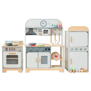 EDULAND Children's Wood Interactive Kitchen Set Simulated Cooking Includes Refrigerator Stove Washing Machine Toy Pretend Play