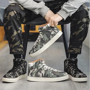 Men's Canvas Shoes Wholesale Custom Fashion High Top Flats Casual Camouflage Walking Shoes Outdoor Sports Trendy Board Shoes