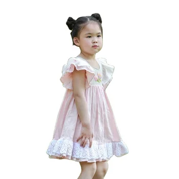 Boutique Embroidered Pink Ruffle Baby Girls Dress 2020 Wholesale Kids Clothing